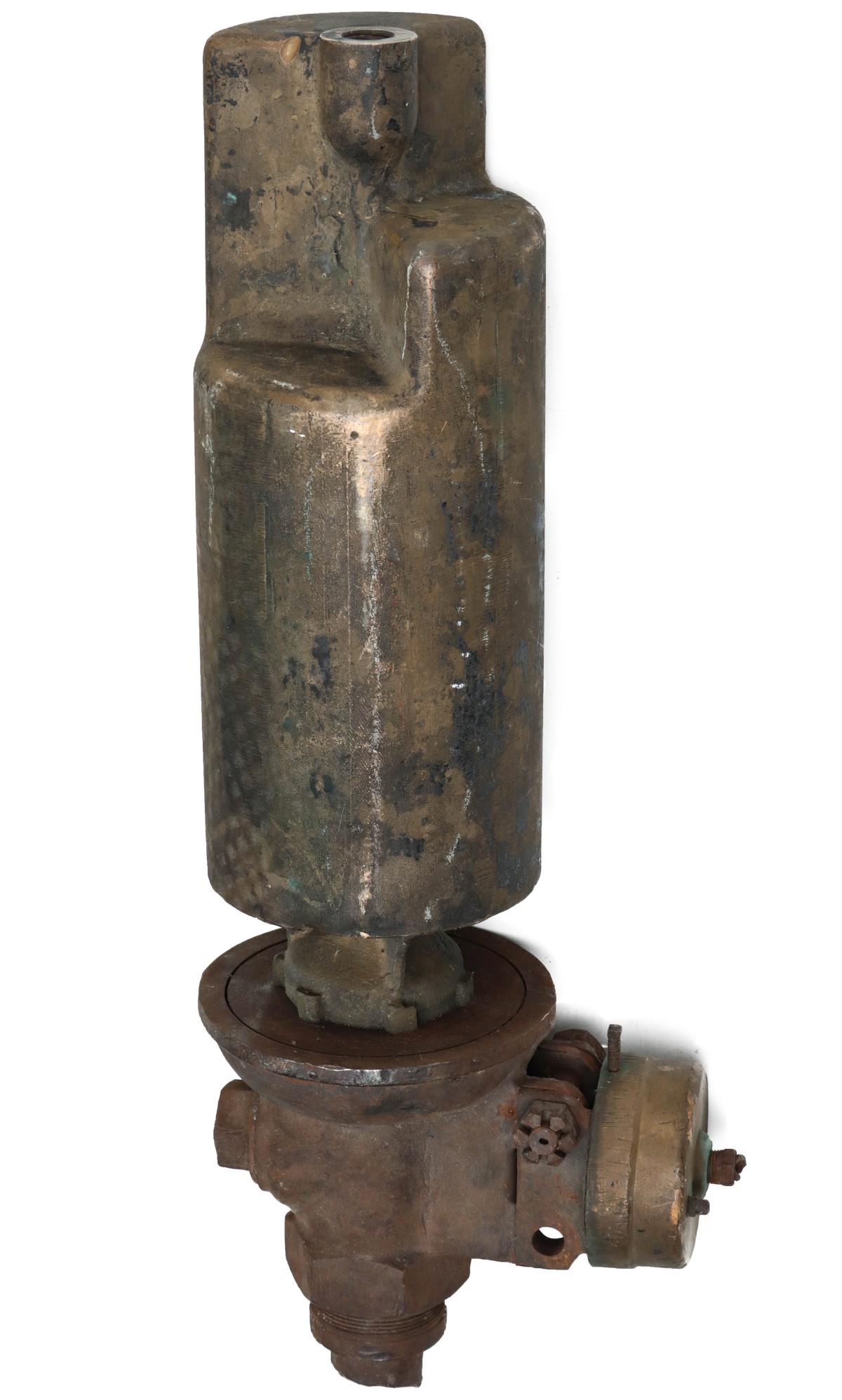 THREE CHIME BRASS LOCOMOTIVE WHISTLE ATTRIBUTED FRISCO: The heavy brass step-top whistle on iron valve with a portion of a Viloco air whistle actuator, the type built in the St. Louis San Francisco Railroad shops and attributed to the Springfield Frisco sh