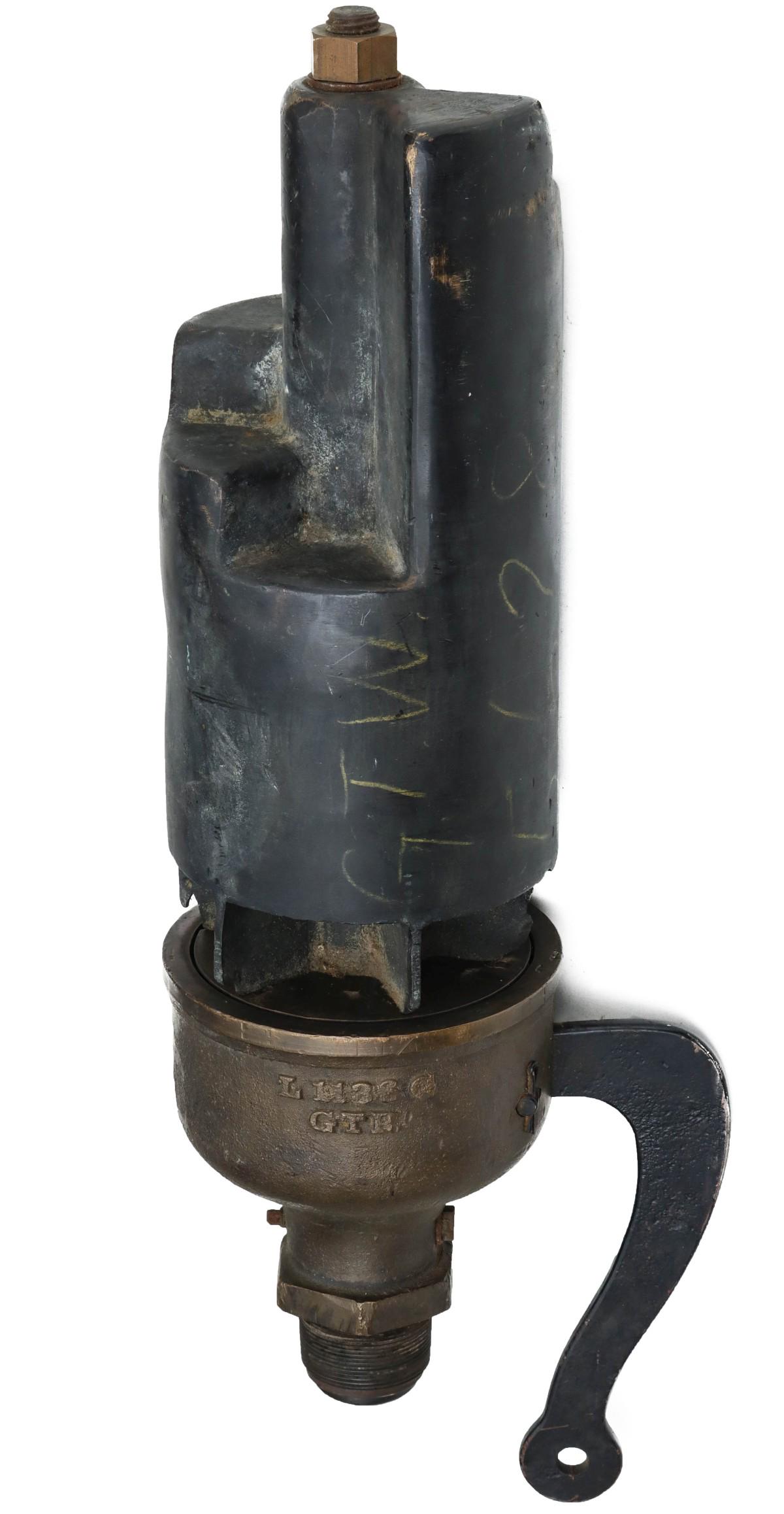 A SIX CHIME WHISTLE FOR GRAND TRUNK RR LOCOMOTIVE 5628: The all brass six-step whistle with embossed numerals and letters GTR on the bronze base along with stamped lettering and numerals of GTW 5628 on the iron lever, GTW 5628 was a 4-6-2 locomotive built 