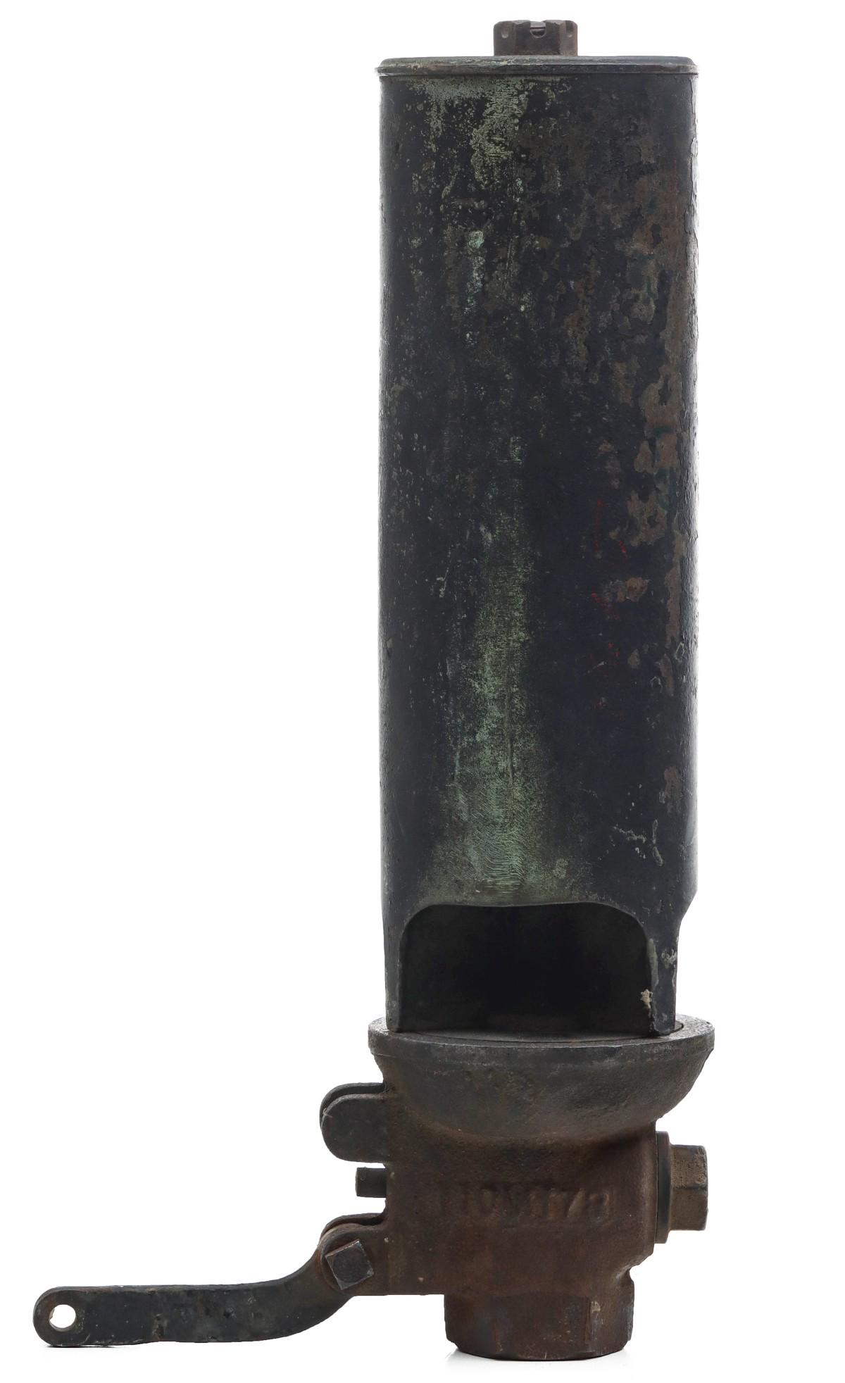 A THREE CHIME LONG BELL FLAT TOP WHISTLE ATTR FRISCO RR: The three chime brass bell on iron valve with embossed numerals. Valve plate to top measures 19.5 inches. Diameter measures 6.5 inches. Overall height is 25.5 inches. We happily provide seamless in-ho