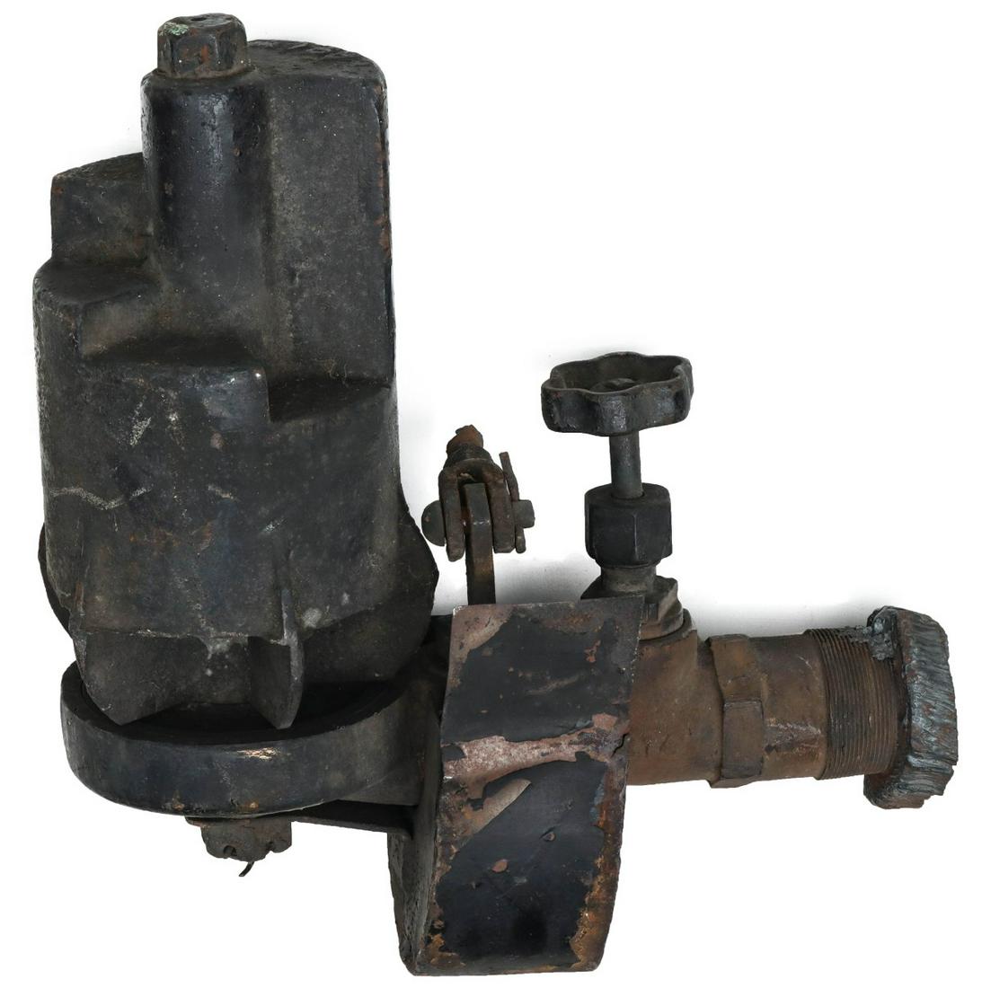 A FIVE CHIME LOCOMOTIVE WHISTLE ATTRIBUTED TO NKP RR: The unmarked Wheeling & Lake Erie STYLE side mount five iron chime step top whistle possibly from Nickel Plate locomotive 702, though no definitive claim is being made. Valve plate to top measures 12.