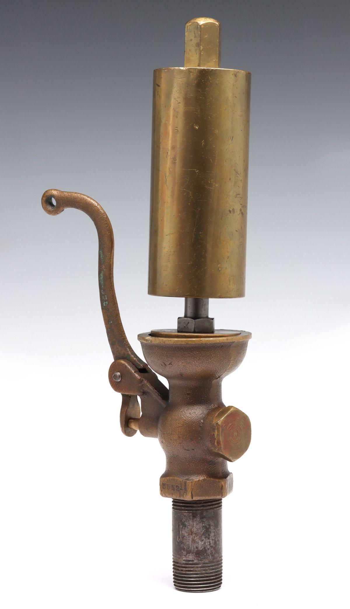 A 2.5 INCH BRASS SINGLE NOTE STEAM WHISTLE: The all brass assembly with 2.5 inch diameter bell and brass side under lever, no maker's marks. Valve plate to top measures 8 inches. Diameter measures 2.5 inches. Overall height is 14.75 inches. We 