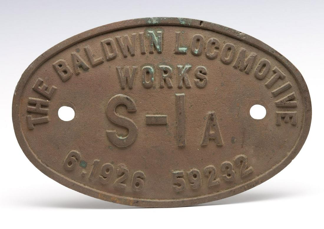 A BALDWIN LOCOMOTIVE WORKS BUILDER'S PLATE FOR B&O 6224: The oval cast brass plate from Baltimore and Ohio railroad's 'Big Six' 2-10-2 steam locomotive number 6224. Measures 7.5 x 11.75 x 0.5 inches. We happily provide seamless in-house packing and shipping