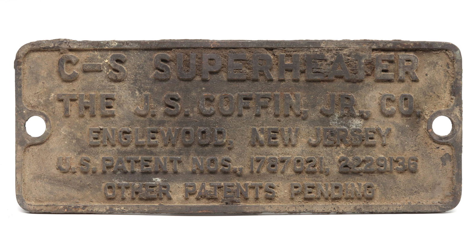 A J.S. COFFIN SUPERHEATER IRON BUILDER'S PLATE: The locomotive accessory builder's plate cast in iron. Measures 4.5 x 11.5 x 0.5 inches. We happily provide seamless in-house packing and shipping services on nearly everything we sell.