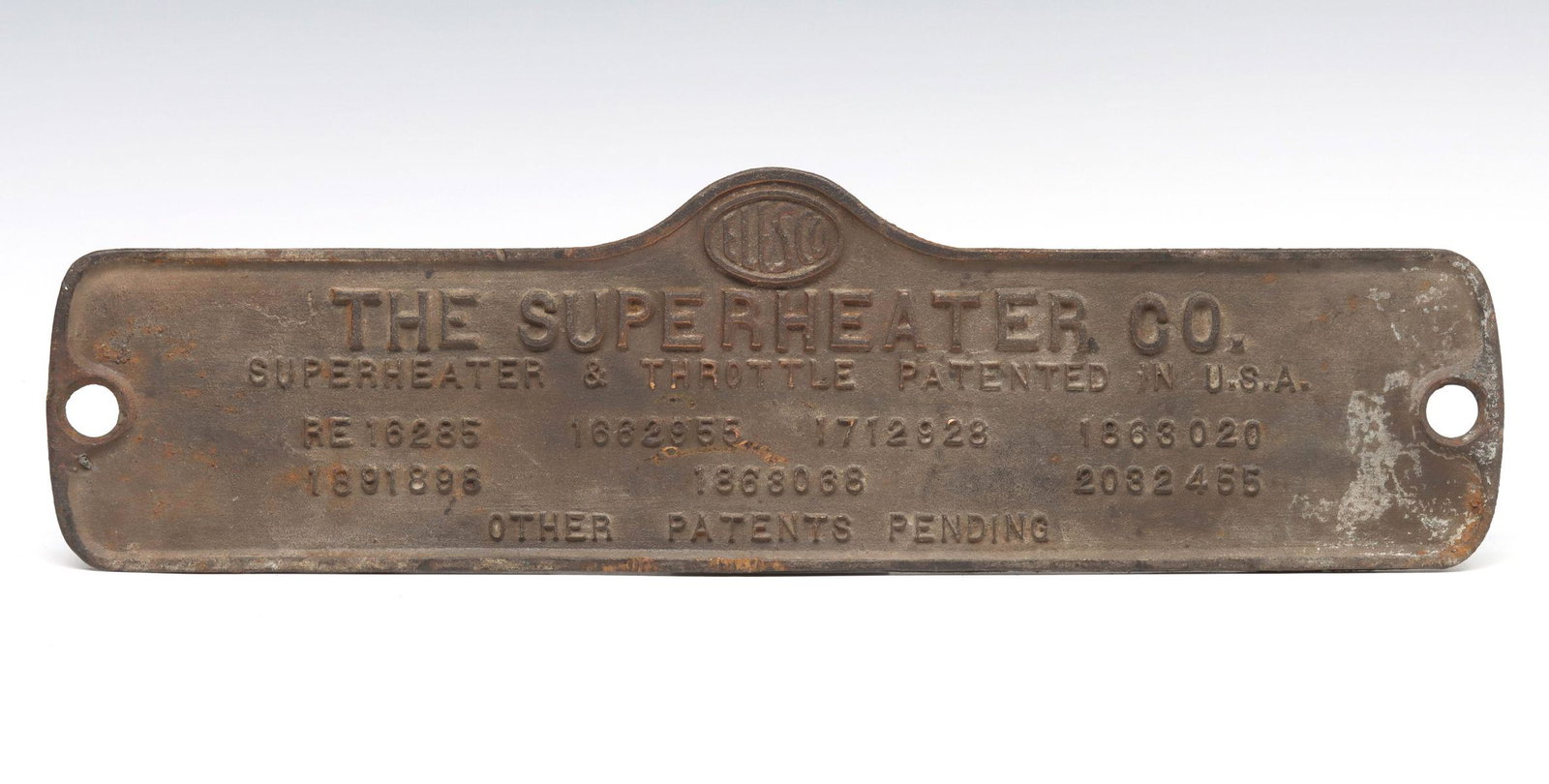 AN ELESCO SUPERHEATER IRON BUILDER'S PLATE: The locomotive accessory builder's plate cast in iron. Measures 4.25 x 15.5 x 0.5 inches. We happily provide seamless in-house packing and shipping services on nearly everything we sell.