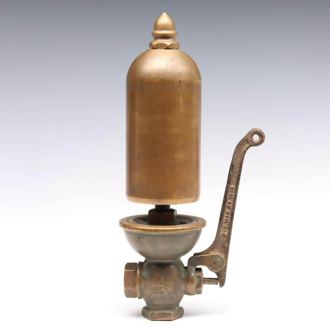 A LUNKENHEIMER SINGLE CHIME BRASS STEAM WHISTLE: The acorn finial over 3-inch brass bell and valve, iron lever with date of 1918. Valve plate to top measures 8.5 inches. Diameter measures 3 inches. Overall height is 12.5 inches. We happily provide s