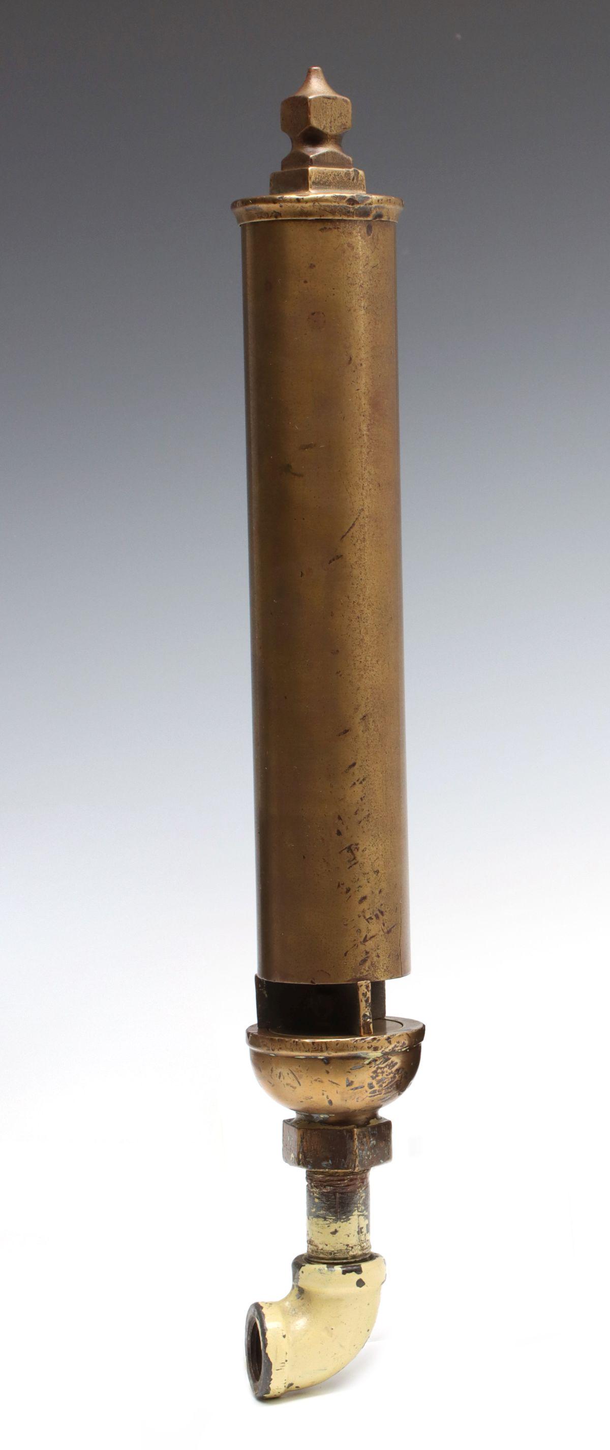 A THREE CHIME LONG BELL FLAT TOP BRASS STEAM WHISTLE: Unsigned three chime all brass whistle with four-sided pointed finial. Valve plate to top measures 12.5 inches. Diameter measures 2 inches. Overall height is 17 inches. We happily provide seamless in-