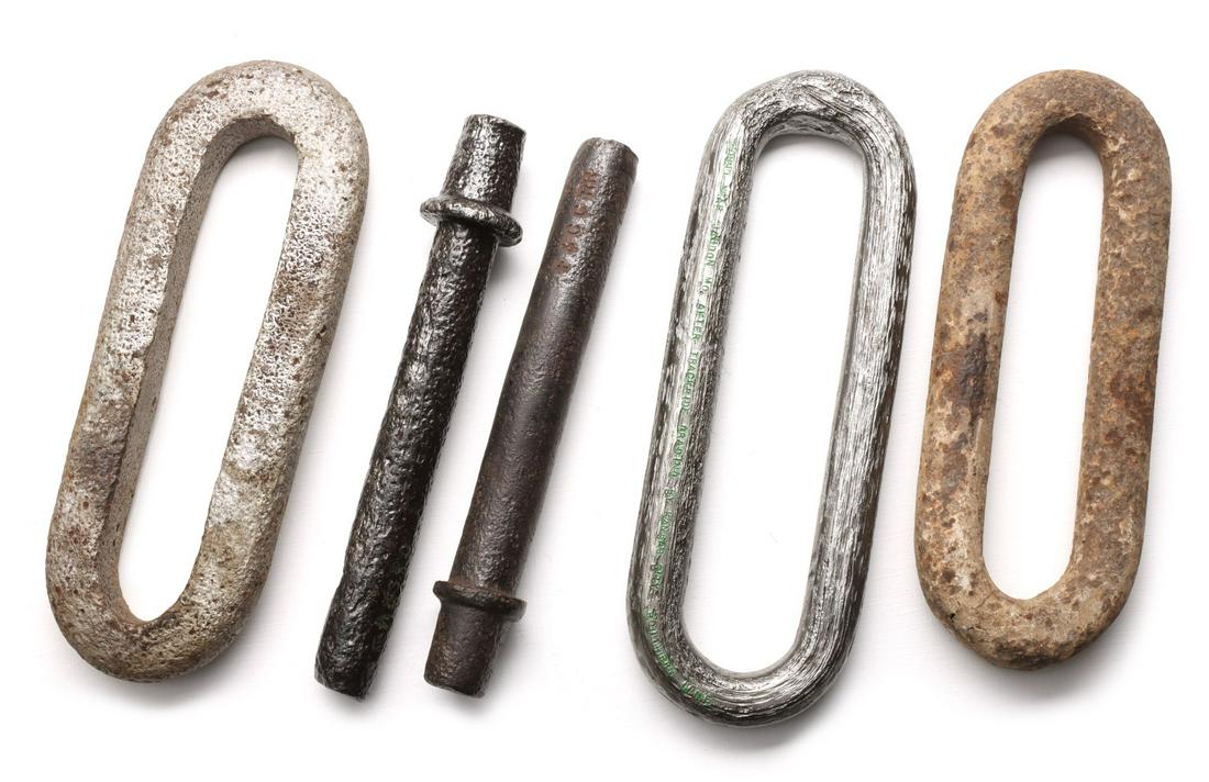 EARLY FORGED IRON LINK & PIN COLLECTION WITH PROVENANCE: One iron pin with stamped lettering of F & CC RR applied later, another pin stamped F & CC RR, a link with stamped call letters of KCP&G and statement of recovery along the Kansas City Southern line n