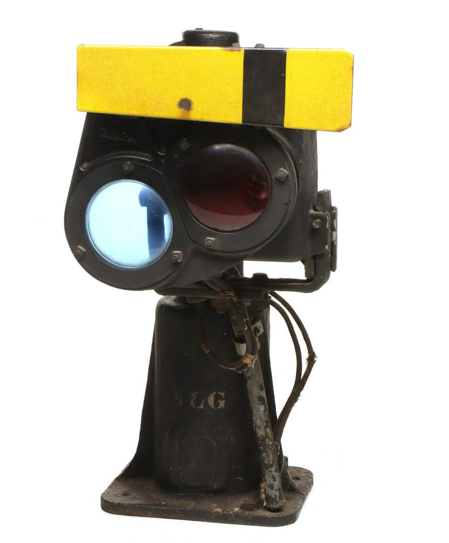 A DWARF DUAL LENS ELECTRIC RAIL YARD SEMAPHORE: The iron assembly with short porcelain enamel covered iron arm. Measures 28.5 x 19 x 17 inches. We happily provide seamless in-house packing and shipping services on nearly everything we sell.