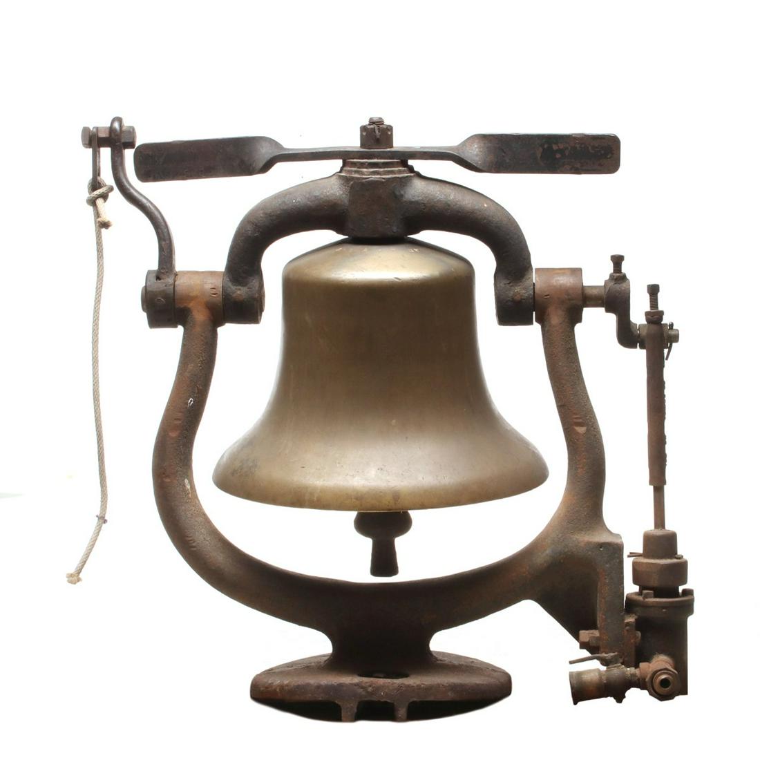 A BRONZE AND IRON LOCOMOTIVE BELL ATTRIBUTED AT&SF: The bronze bell in iron yoke with flat iron 'roll bar' atop the yoke and the remains of a side mount Viloco air ringer, the bell bears the stamped letters 'A T & SF RY' on its top. most likely by a pr