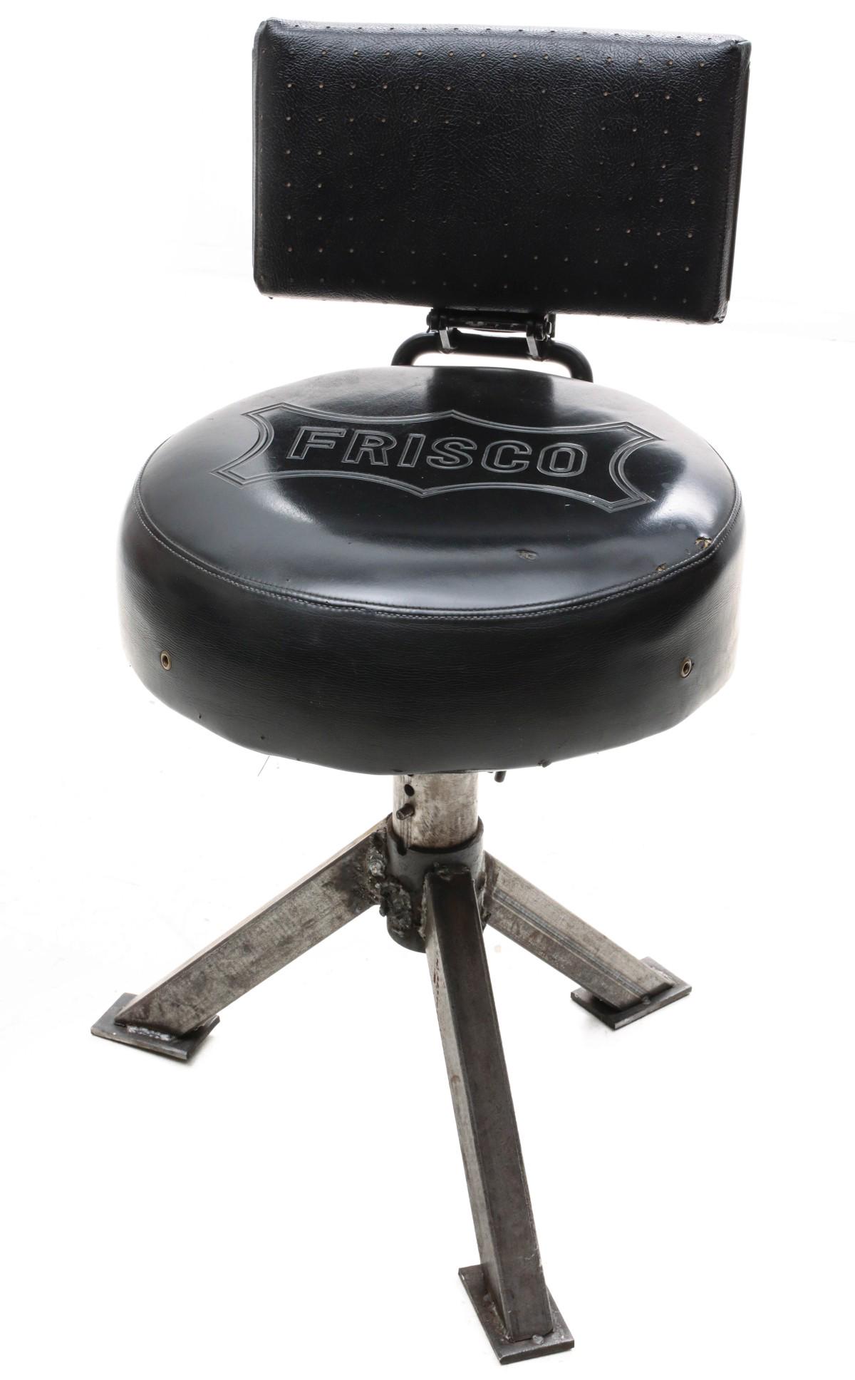 A TRIPOD BASE STOOL WITH FRISCO SEAT LOGO: The circular seat cushion with FRISCO logo, cushioned back, the tripod iron base of the type made in railroad shops. We happily provide seamless in-house packing and shipping services on nearly everyt