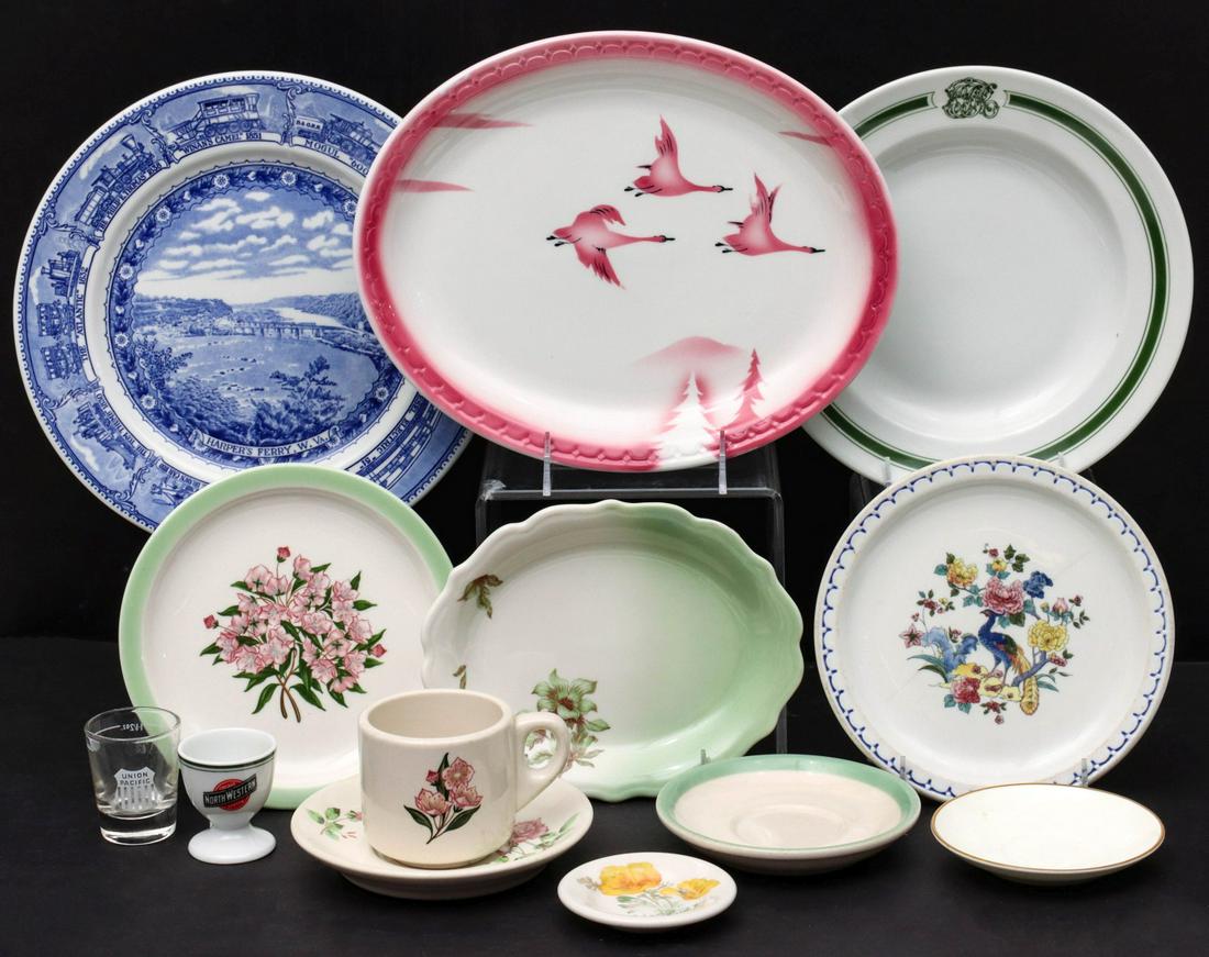 MISC. RAILROAD CHINA: CMSTP&P, U.P., B&O, AT&SF, MORE: Milwaukee Road, Chicago, Milwaukee, St. Paul and Pacific Railroad 'The Traveler' 11.5-inch oval platter; Baltimore & Ohio 'Centenary' pattern Harper's Ferry dinner plate; Canadian Pacific green script