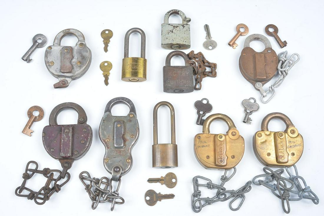 A COLLECTION OF PADLOCKS WITH RAILROAD MARKINGS: Padlocks with markings for Frisco, Kansas City Southern, Kansas City Terminal and St. Louis-San Francisco railroads. Plus two Adlake, a Wilson Bohannan and an American Lock Co. padlocks without railro