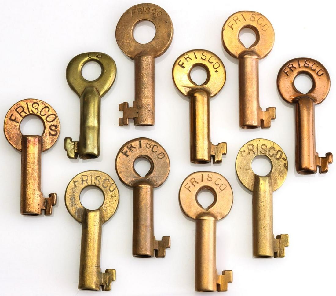 TEN FRISCO LINES RAILROAD SWITCH KEYS: Ten brass keys stamped FRISCO. We happily provide seamless in-house packing and shipping services on nearly everything we sell.