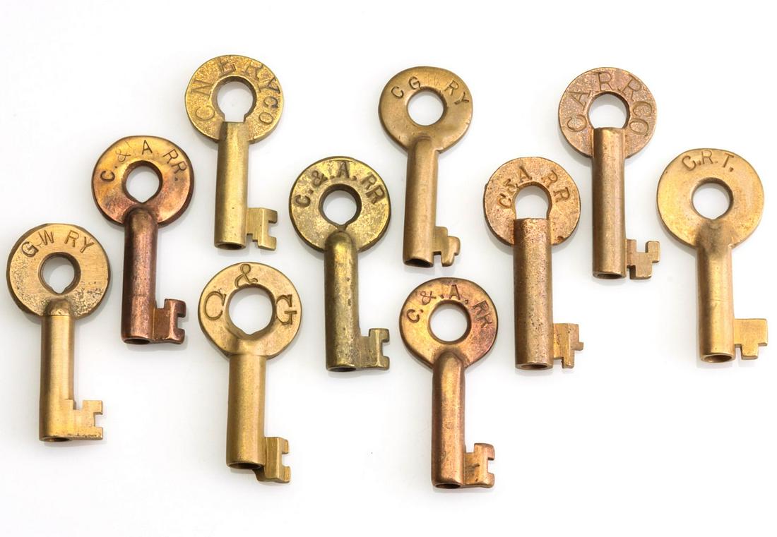 C&ARR, CRT, CGRY, CARRCO, GWRY, C&G and CNERYCO KEYS: Ten brass railroad keys stamped C&ARR for the Chicago & Alton Railroad (x4), CRT, CGRY, CARRCO, GWRY, C&G and CNERYCO. We happily provide seamless in-house packing and shipping services on