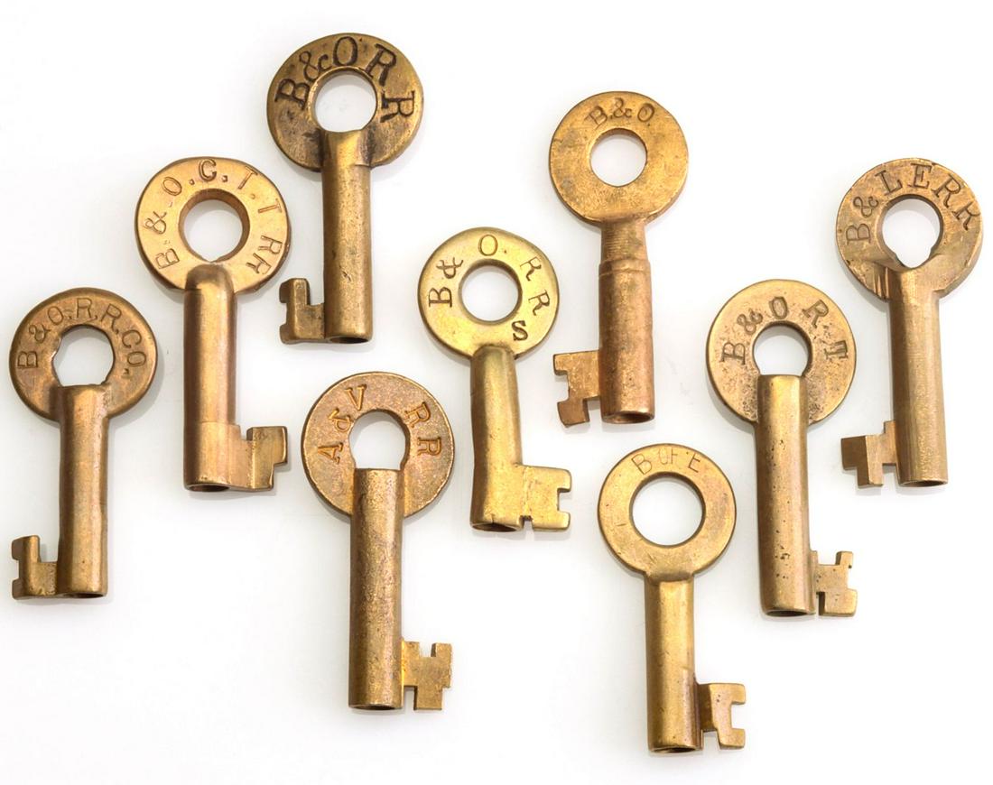 RAILROAD SWITCH KEYS FOR BALTIMORE & OHIO AND OTHERS: Nine brass switch keys stamped B&ORR for the Baltimore & Ohio Railroad (x5), B&OCTTRR, B&LERR, BofE and A&VRR. We happily provide seamless in-house packing and shipping services on nearly everything w