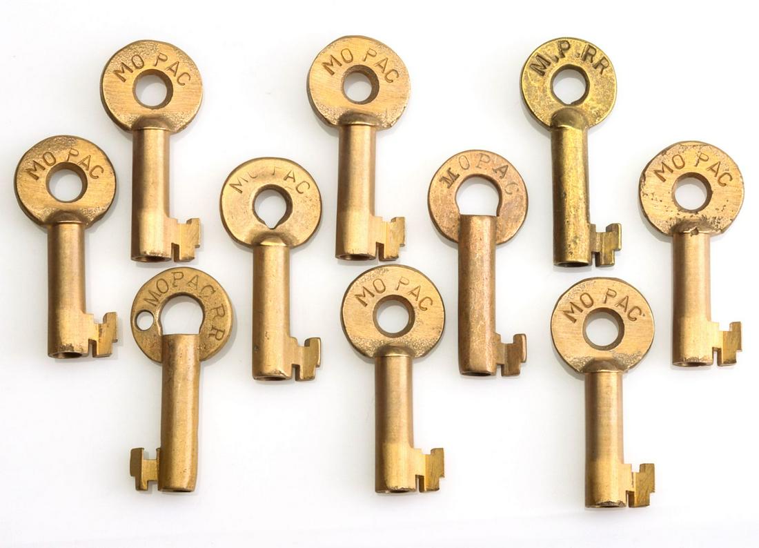 MISSOURI PACIFIC RAILROAD SWITCH KEYS: Ten brass keys stamped MoPAC or MPRR for the Missouri Pacific Railroad. We happily provide seamless in-house packing and shipping services on nearly everything we sell.