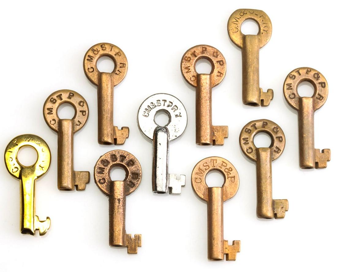 TEN MILWAUKEE ROAD RAILROAD SWITCH KEYS: Ten railroad switch keys stamped CMSTP&P for the Chicago, Milwaukee, St. Paul and Pacific Railroad. We happily provide seamless in-house packing and shipping services on nearly everything we sell.