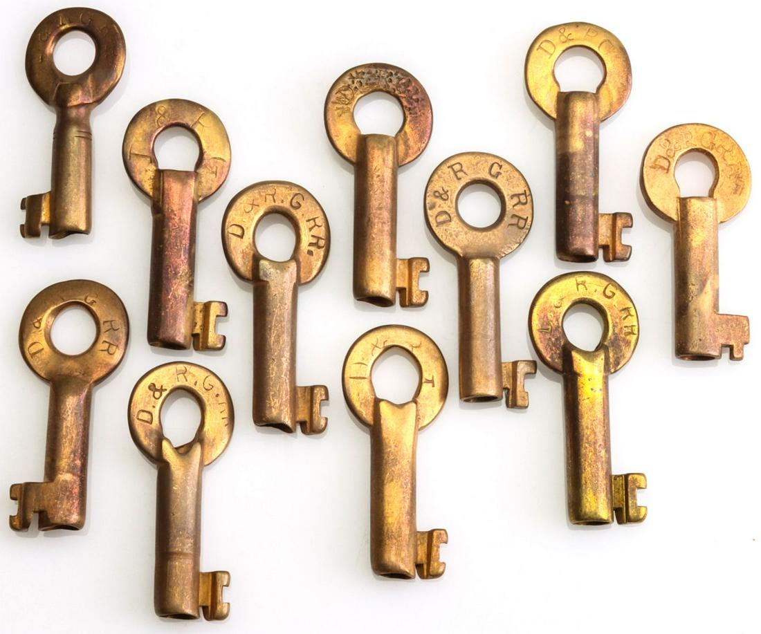 ELEVEN DENVER & RIO GRANDE RAILROAD SWITCH KEYS: Eleven brass keys stamped D&RGRR or D&RG for the Denver & Rio Grande Railroad. We happily provide seamless in-house packing and shipping services on nearly everything we sell.