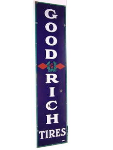 GOODRICH TIRES PORCELAIN SIGN: NICE SHINE. IN GOOD CONDITION OVERALL. 77.5 X 17.5 INCHES