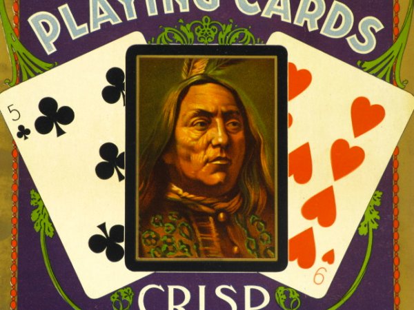 C. 1900 CONGRESS PLAYING CARDS ADVERTISING PLACARD: A scarce, original cardboard placard with an American Indian and playing cards, dated 1899 lower left, measurements of 19 x 14 inches.
