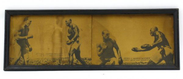 C 1910 WHISKY AD WITH BLACK BOXER JACK JOHNSON: Two cardboard placards showing boxers in the ring with what appears to be superimposed banners in the background that advertise JAMES E. PEPPER WHISKY BORN WITH THE REPUBLIC. Clearly one of the fighte