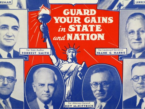 1940 POLITICAL POSTER WITH ROOSEVELT & TRUMAN: Red, white and blue cardboard poster pictures the Democratic ticket including Harry S. Truman running for U.S. Senator. Approx 14 x 11 inches framed to 18 x 15 inches.