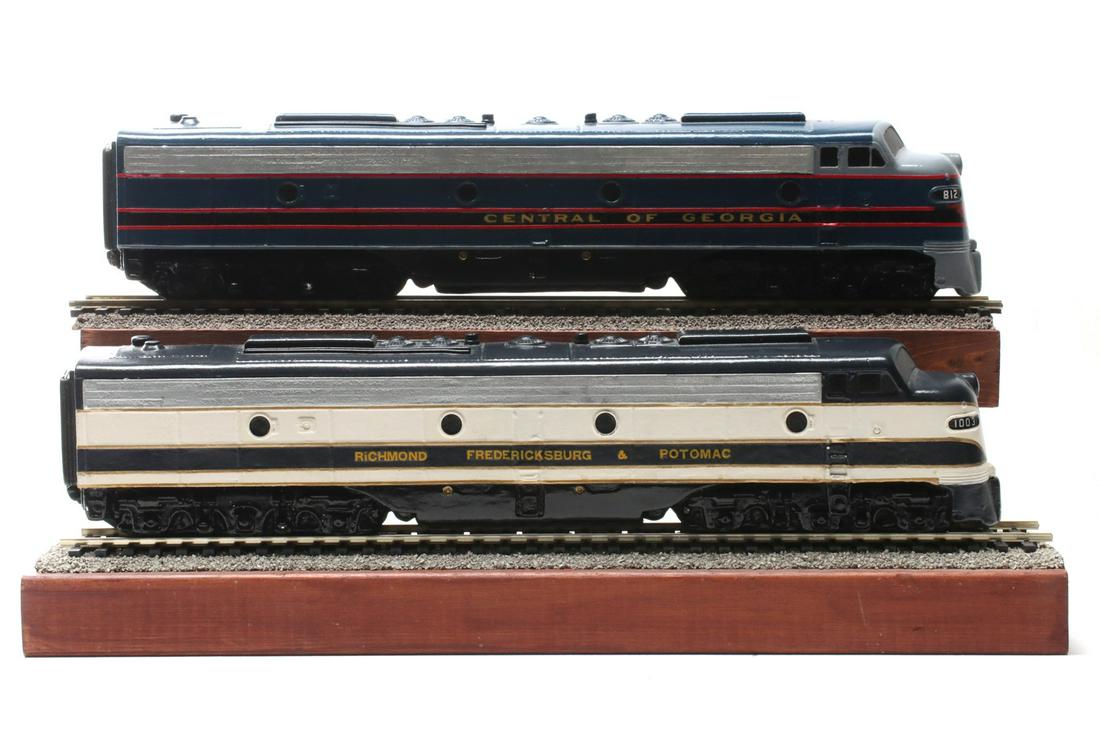 CG RR AND RFP RR LOCOMOTIVE PAINT SCHEME SAMPLE MODELS: These cast plaster models are believed to have served as samples of paint schemes for Electro-Motive Diesel, the manufacturer of diesel-electric locomotives, approximate 1/48th scale, or around O scal