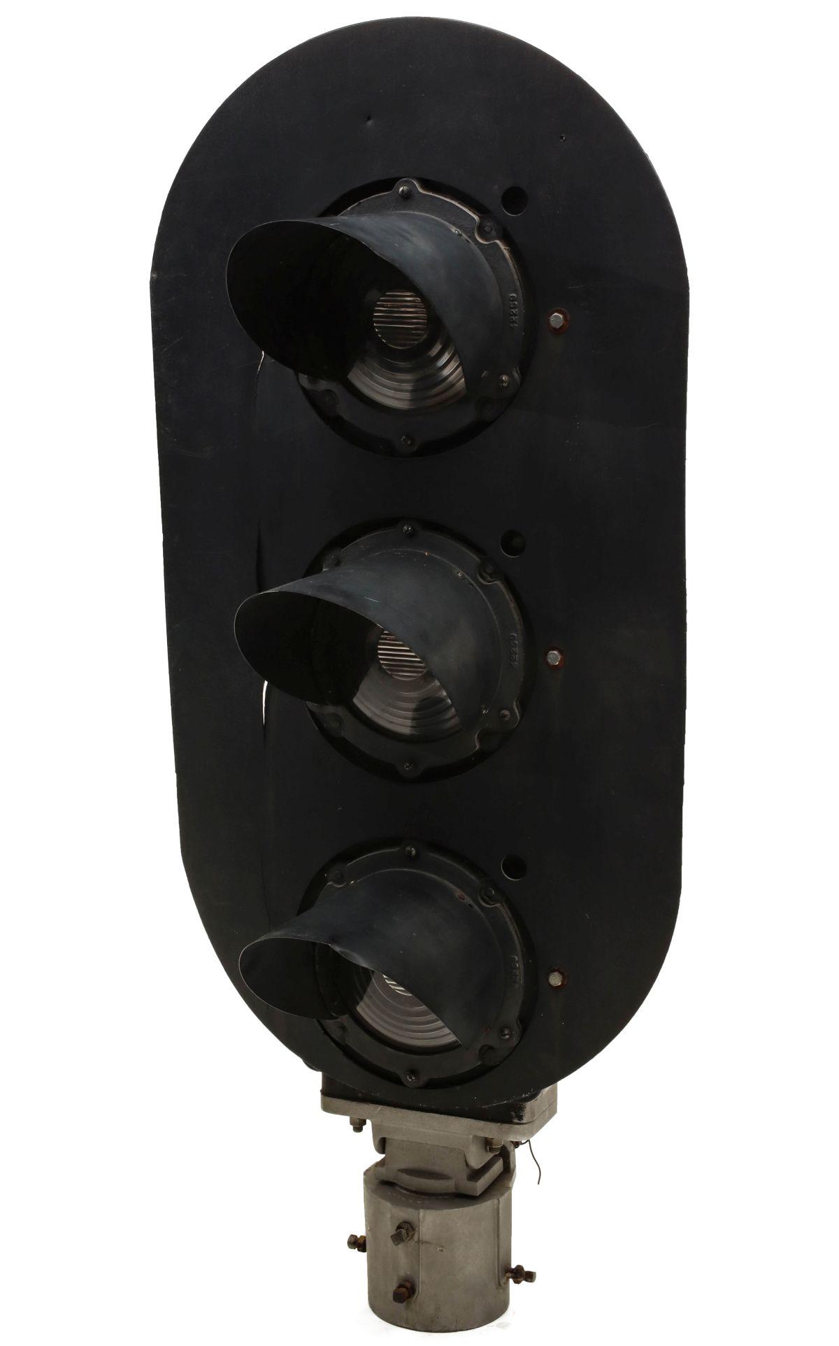 AN ELECTRIC RAIL YARD BLOCK SIGNAL SIGNED SAFETY: The aluminum housing with green, yellow and red lenses, wide plastic frame and embossed markings. Measures 56 x 24 x 18 inches. Please be aware that this lot is too large to ship by conventional carri