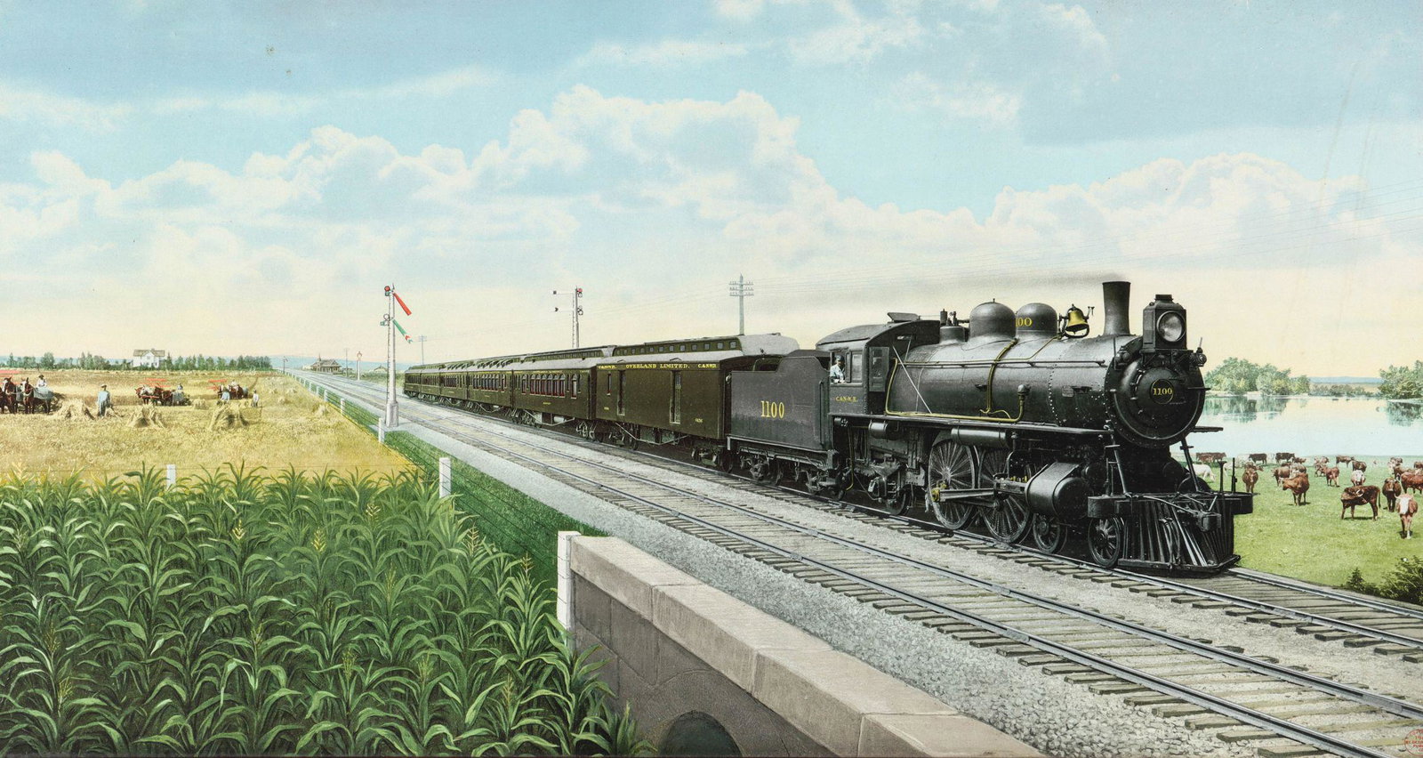 A 1907 IMAGE OF C & N-W OVERLAND LIMITED PULLED BY 1100: The hybrid printing process employing a photographic based image converted to press along with elements that were generated by an artist's hand. The corn in the lower left corner, the railroad bed, se