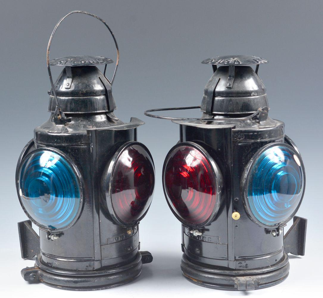 PAIR OF COACH/CABOOSE TAIL LAMPS MARKED ROCK ISLAND RR: The matched pair of Handlan tail lamps with red and green lenses marked C.R.I.&P.R.R. for the Chicago, Rock Island and Pacific Railroad. We happily provide seamless in-house packing and shipping s