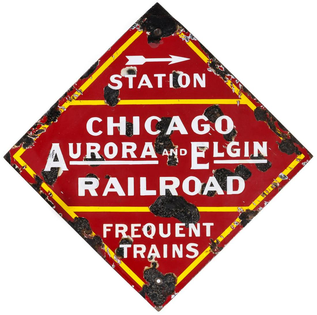 A CHICAGO, AURORA AND ELGIN PORCELAIN SIGN - AS FOUND: The three-color porcelain enamel railroad station or gate sign with less common right hand arrow pointing to STATION announcing FREQUENT TRAINS. The Roarin' Elgin, as it was known, suspended passenger