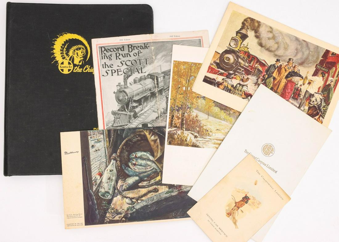 A COLLECTION OF SANTA FE EPHEMERA AS EARLY AS 1917: The menus and binder and fold-out brochure for the Santa Fe as shown, including a good early menu for THE CALIFORNIA LIMITED with chromolithographic image of a Native American boy and woman with papoo