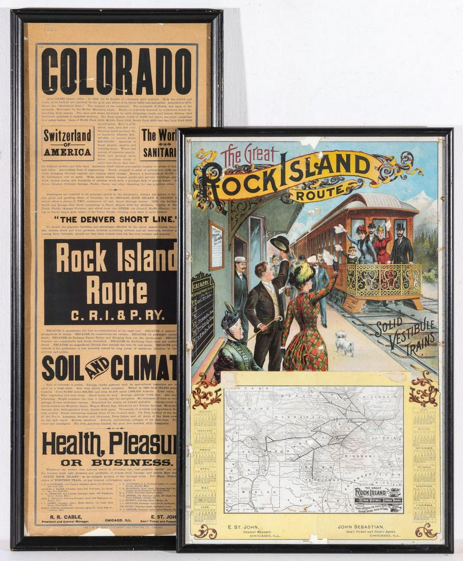 ROCK ISLAND RAILROAD BROADSIDES AS EARLY AS 1891: The colorful chromolithograph depicts a passenger train in an artist's rendition of a Colorado station with Pike's Peak in the distance and passengers in Victorian garb along with the a route map and 