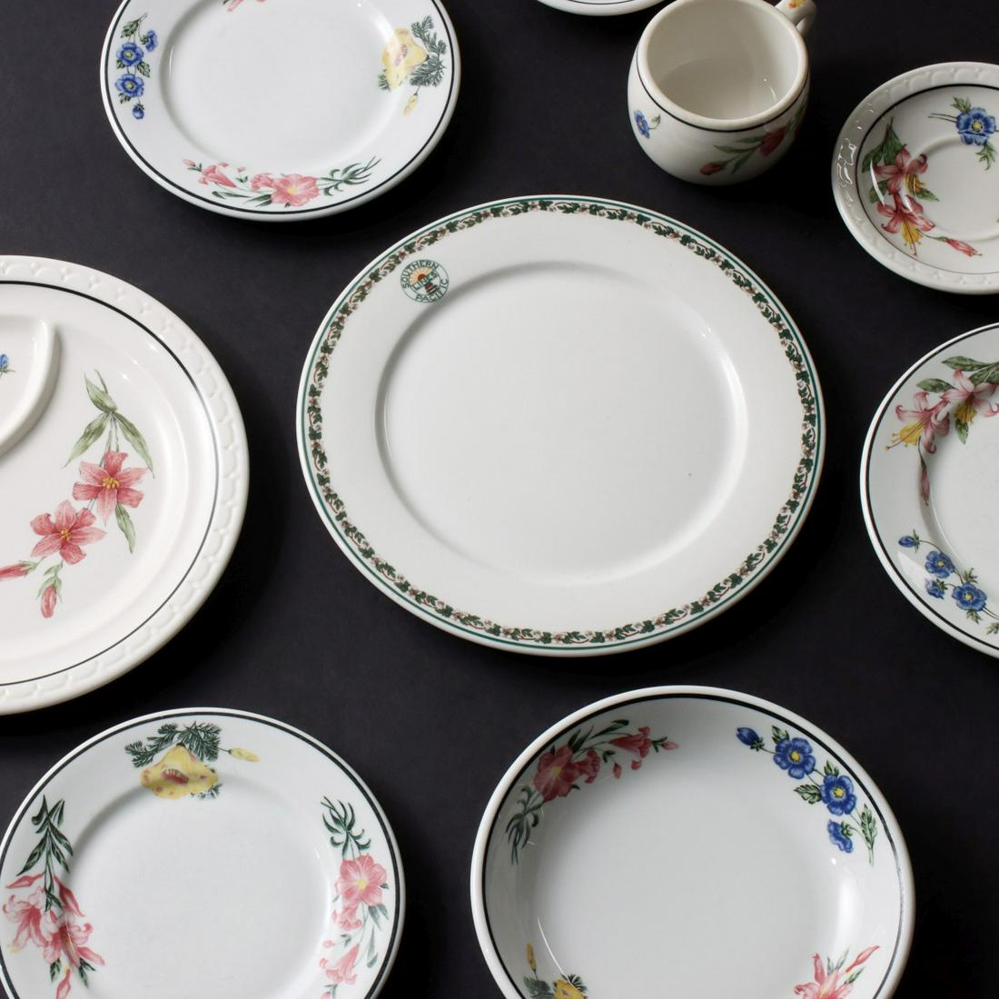 A COLLECTION OF SOUTHERN PACIFIC RAILROAD CHINA: Eight pieces of 'Prairie Mountain Wildflowers' pattern china, railroad backstamped as shown, including a grill plate, signed with Onondaga Pottery backstamps and a single 'Sunset' pattern dinner plate