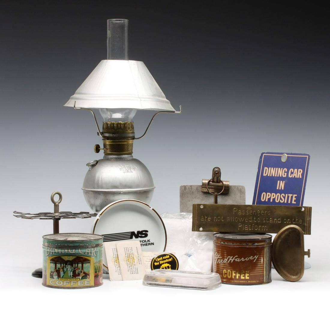 SCARCE DINING CAR COFFEE CAN, OTHER RR COLLECTIBLES: The nice one pound coffee can with graphics of a rail car interior, plus Fred Harvey one pound can, Handlan lamp without other markings, a nice rubber stamp stand with original black enamel base with 