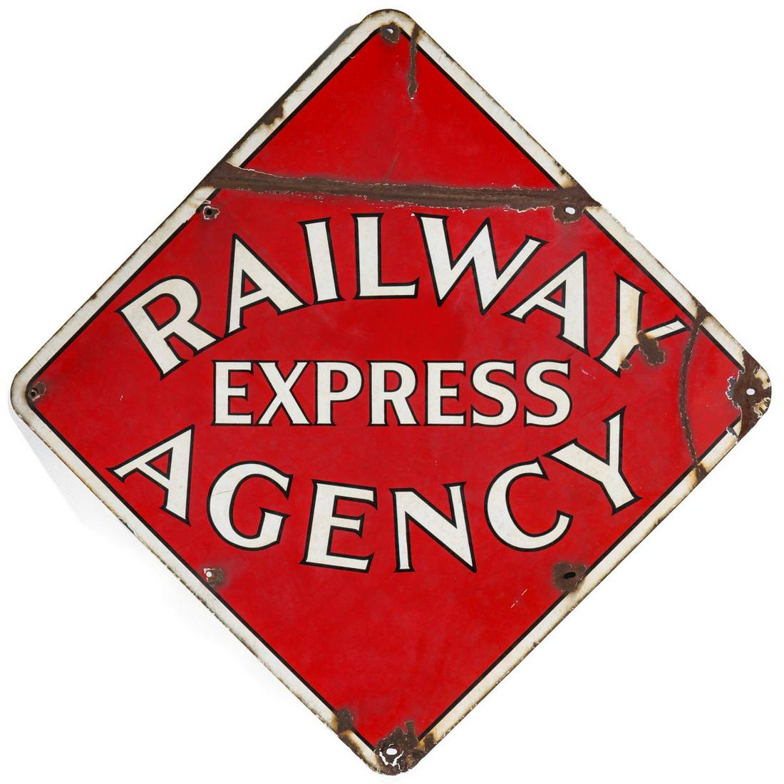 RAILWAY EXPRESS & WELLS FARGO & PLASTIC NUMBER BOARDS: A porcelain enamel Railway Express Agency sign in poor condition, plus a wood panel stenciled Wells Fargo & Co. and three plastic locomotive number boards. Sizes range from 12.25 x 17.75 to 48 x 48 in