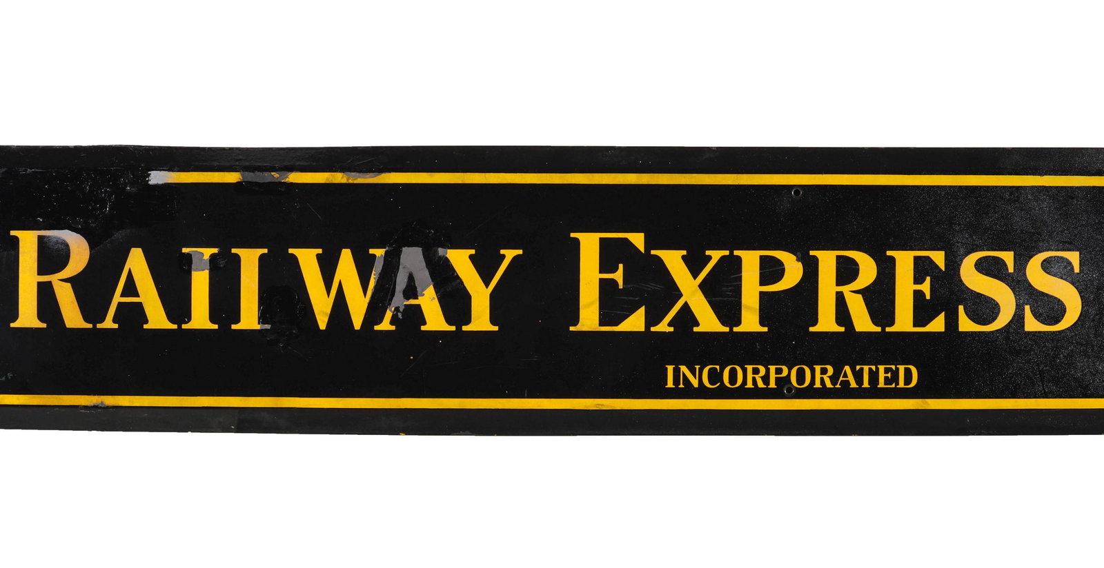 A RAILWAY EXPRESS PORCELAIN ENAMEL SIGN - W/DAMAGE: The two-color sign with crude restoration as shown. Measures 11.5 x 72 x 1 inches. We happily provide seamless in-house packing and shipping services on nearly everything we sell.