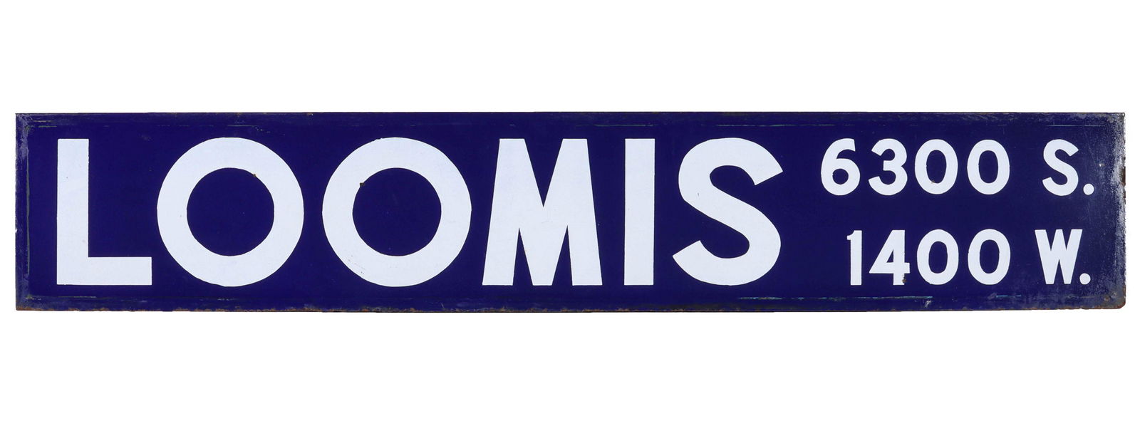 A PORCELAIN ENAMEL SIGN FOR THE CHICAGO STREET LOOMIS: The blue over white porcelain enamel with street name and coordinates, the back side is scratched Loomis by hand in the finish back side. Measures 11 x 62 inches. We happily provide seamless in-house
