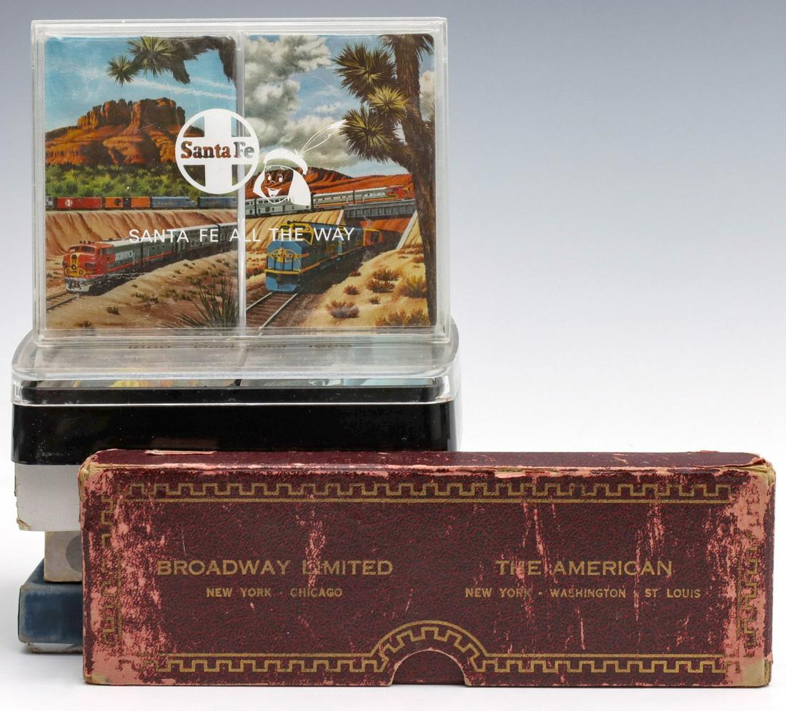 SIX SETS OF RAILROAD ADVERTISING DBL DECK CANASTA CARDS: Six sets of Canasta double-deck playing cards embellished with railroad themes and logos. We happily provide seamless in-house packing and shipping services on nearly everything we sell.