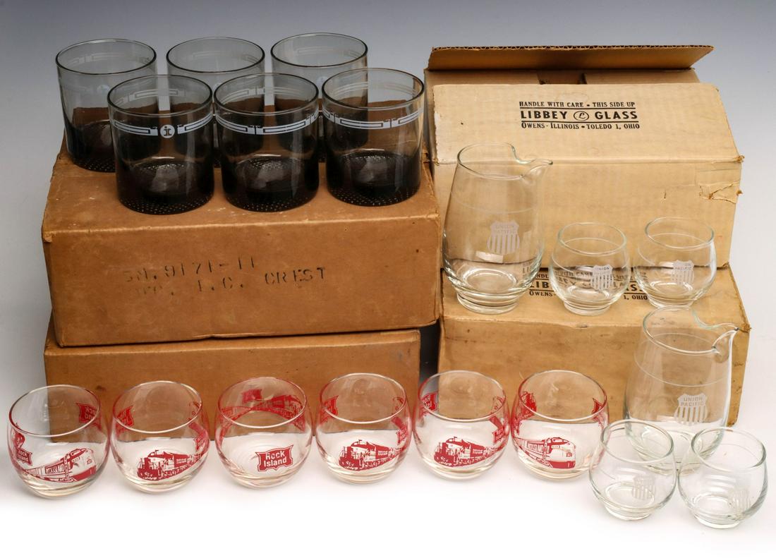ILLINOIS CENTRAL, ROCK ISLAND, UP RR BAR CAR GLASSWARE: The late 20th century railroad bar car glassware with etched and painted logos, all in the original box. Sizes range from 5 x 3 to 2.5 x 2.5 inches. We happily provide seamless in-house packing and sh