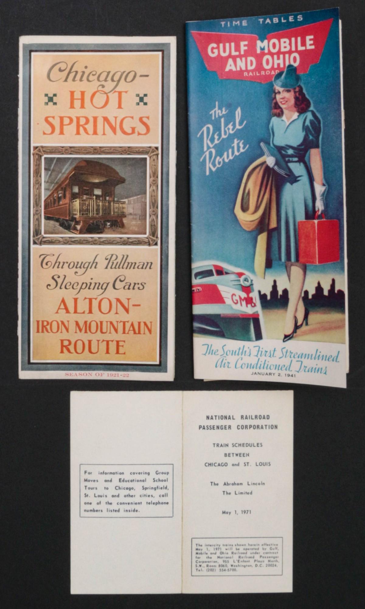 G.M.&O. AND CHICAGO & ALTON RAILROAD TIMETABLES: A Chicago & Alton Railroad timetable 'Alton - Iron Mountain Route' to Hot Springs, Ark. dated 1921-22. And a Gulf, Mobile and Ohio 'The Rebel Route' timetable dated 1941. Please see the lot images for
