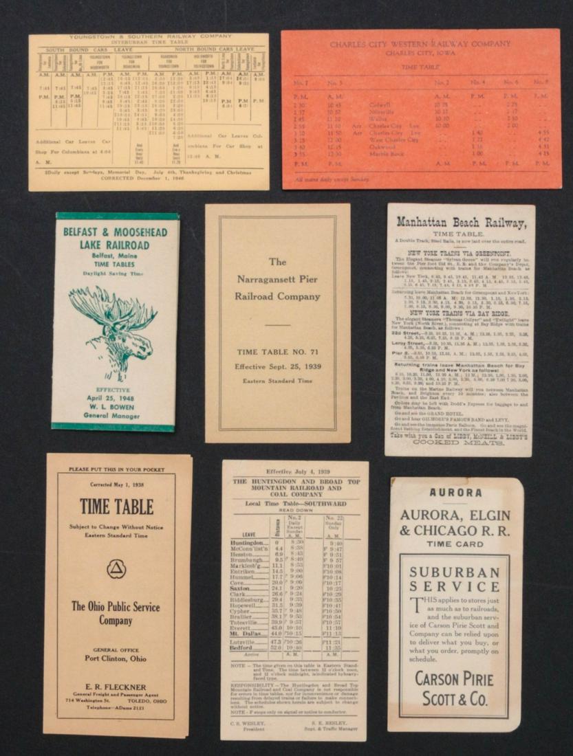 URBAN AND SHORTLINE RAILROAD TIMETABLES, 1930s-40s: Includes time tables for: Youngstown & Southern Railway Interurban 1946; Charles City Western Railway; Belfast & Moosehead Lake Railroad 1948; Manhattan Beach Railway; The Narragansett Pier Railroad 1