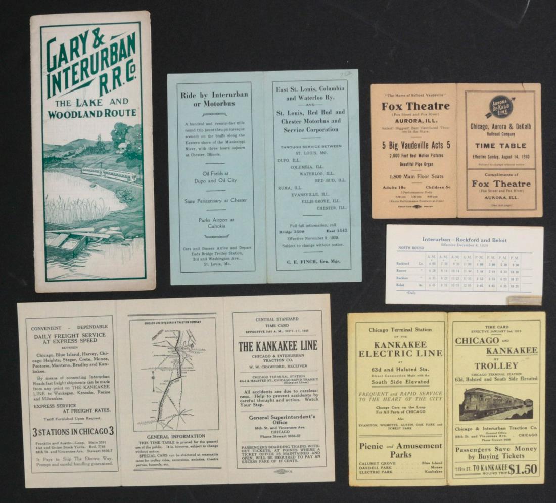 CHICAGO AND REGION INTERURBAN TIMETABLES 1910-1929: Includes: Gary & Interurban Railroad; East St. Louis, Columbia and Waterloo Railway 1929; Chicago, Aurora & DeKalb Railroad 1910; Chicago & Interurban Traction 'The Kankakee Line' 1925; Chicago & Inte