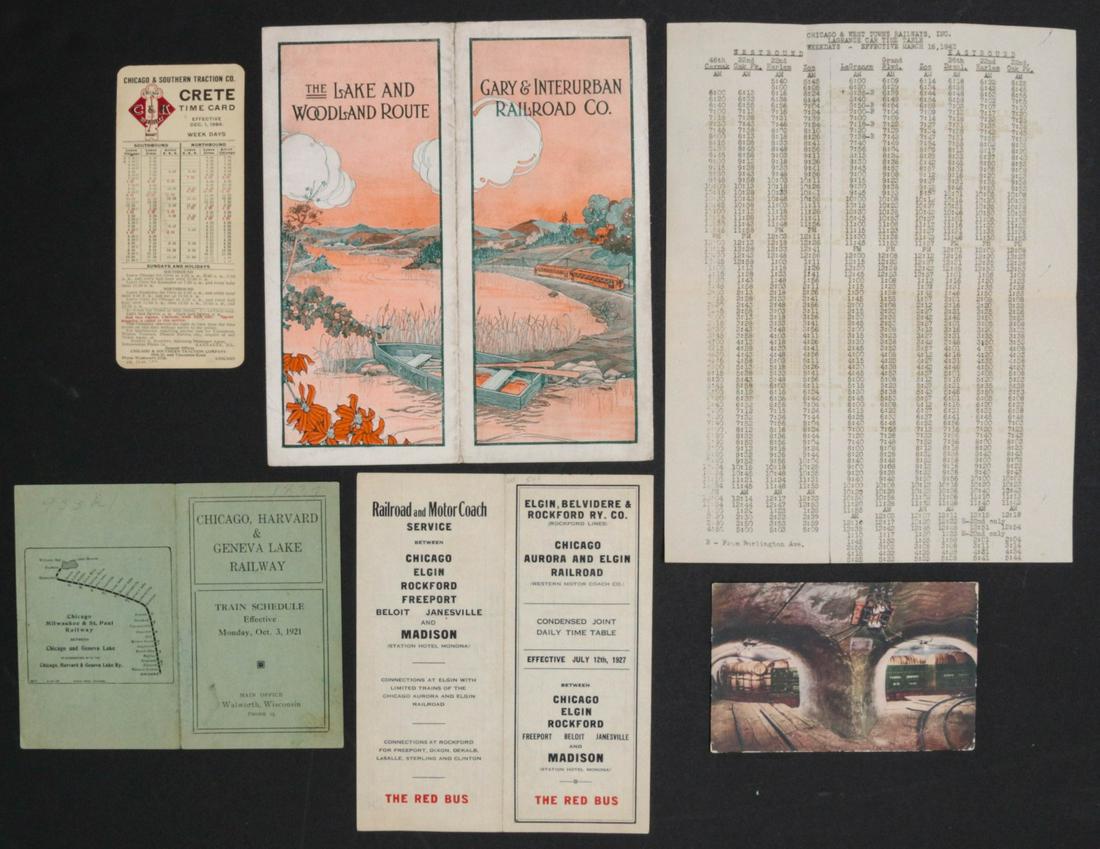 A COLLECTION OF CHICAGO RAILROAD TIMETABLES 1906-1942: Gary and Interurban Railroad timetable 'The Lake and Woodland Route' 1913; Chicago, Harvard & Geneva Lake Railway timetable 1921; Chicago Aurora and Elgin Railroad timetable 1927; Chicago & So