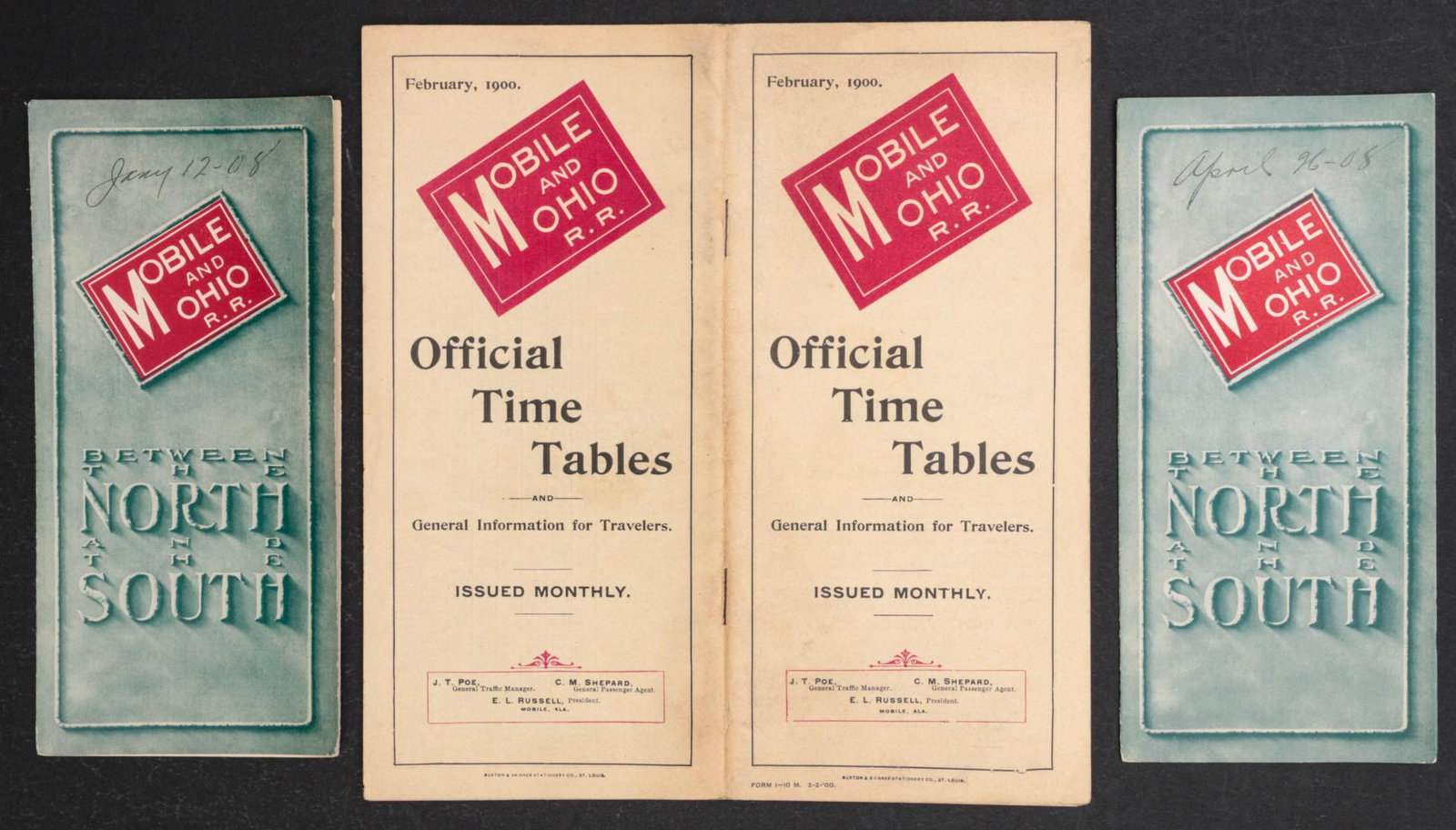 MOBILE & OHIO R.R. TIMETABLES FOR 1900, 1908 & 1908: Please see the lot images for a full depiction of this lot's contents. We happily provide seamless in-house packing and shipping services on nearly everything we sell.