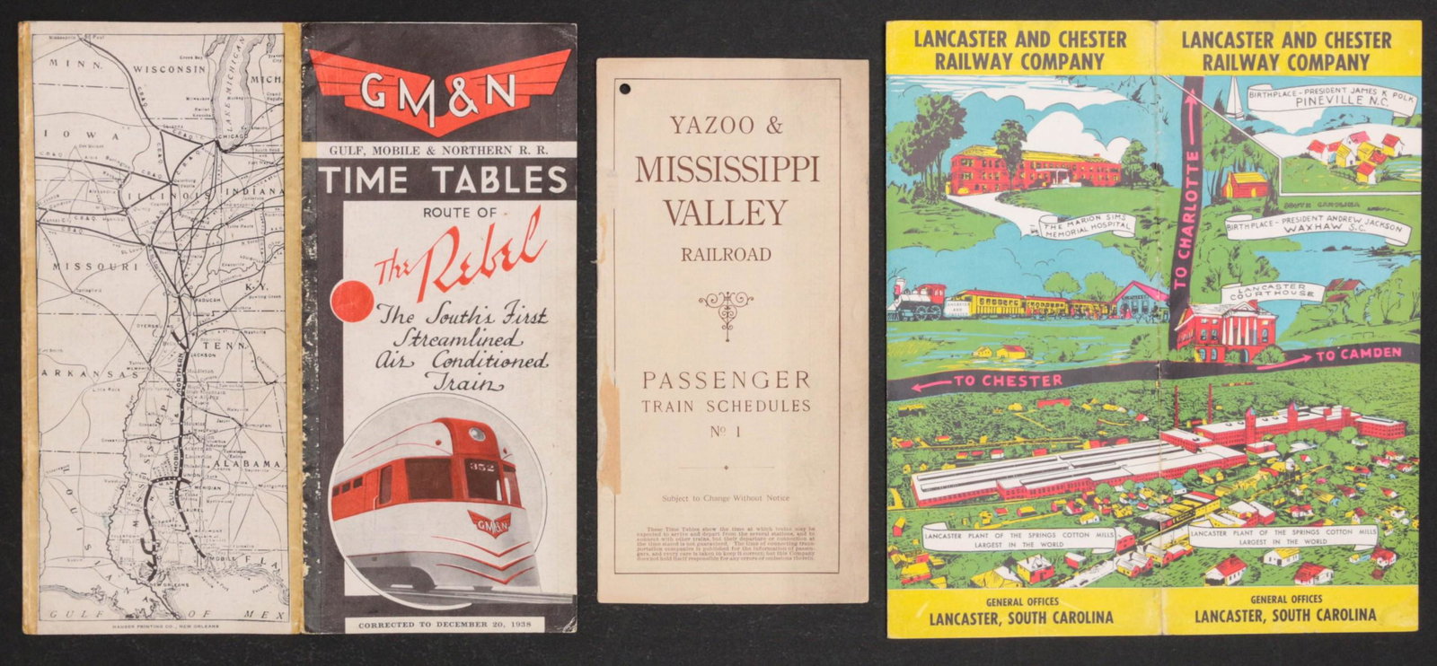 A COLLECTION OF SOUTHERN U.S. SHORTLINE RR TIMETABLES: Gulf, Mobile & Northern Railroad 'The Rebel' timetable 1938. Yazoo & Mississippi Valley Railroad timetable 1918. And Lancaster and Chester Railway Company timetable circa 1951. Please see the 