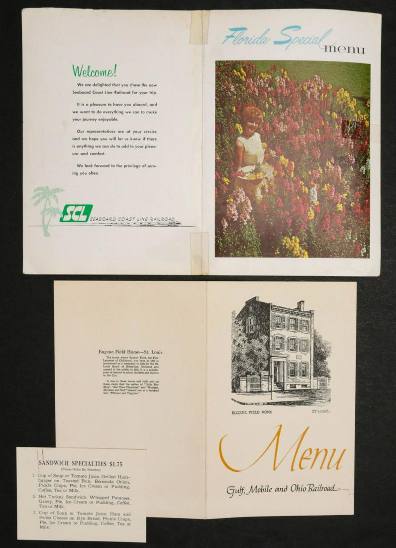 A COLLECTION OF RAILROAD MENUS 1926-1971: Richmond, Fredericksburg and Potomac Railroad menu 1962; Illinois Central Railroad 'City of Miami' menu 1961; Erie Railroad menu 1959; Illinois Central 'Palm Grove Cafe' menu 1971; Seaboard Coast Line
