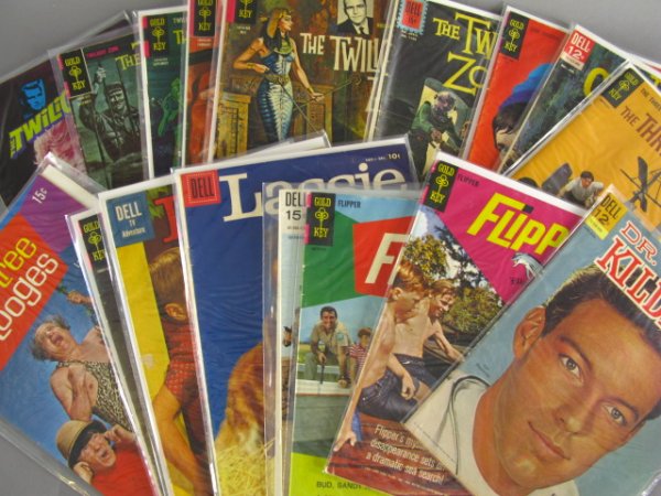 16 TV SHOW RELATED COMICS GET SMART, BUCK ROGERS: Includes Dr Kildare 9, Flipper 2,3, Garrison's Gorilla 5, Lassie 37, 49, 67, Three Stooges 50, Three Stooges in Orbit (30016-211), Boris Karloff Tales of Myster 90053-410, The Twilight Zone FC 1288, #