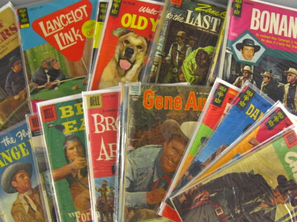 17 DELL & GOLD KEY WESTERN-THEMED COMICS: Includes Bonanza 12, Cheyenne FC 734, Daniel Boone 6, 12, 14, Gene Autry 80, Lone Ranger 48, Range Rider 12, White Eagle Indian Chief 33, Old Yeller (1957) 10168-601, Gnome Mobile 10207-710, Four Colo