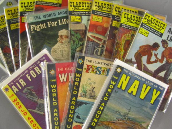 16 CLASSICS ILLUSTRATED 25 CENT COMICS: Includes numbers 132, 133, 139, 144, 147, 152, 155, 163, 165, plus specials; RCMP, Navy, Festivals, Whaler, Air Force and The World Around Us - Fight for Life.